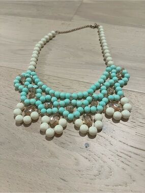 Aqua & Cream Beaded Statement Necklace with Gold Accents - Women Jewelry